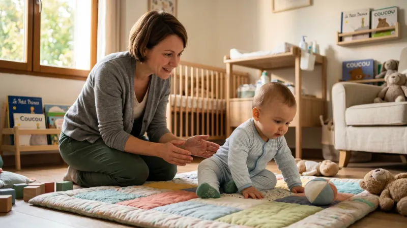 Nourrisson apprenant à s'asseoir seul sur un tapis d'éveil, professionnel de la petite enfance présent mais sans toucher, lumière naturelle chaleureuse