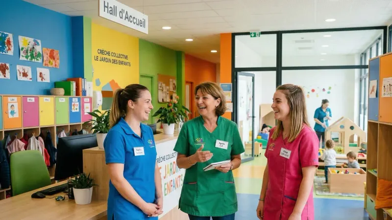 Équipe de professionnels de la petite enfance collaborant au sein d'une structure d'accueil collectif.