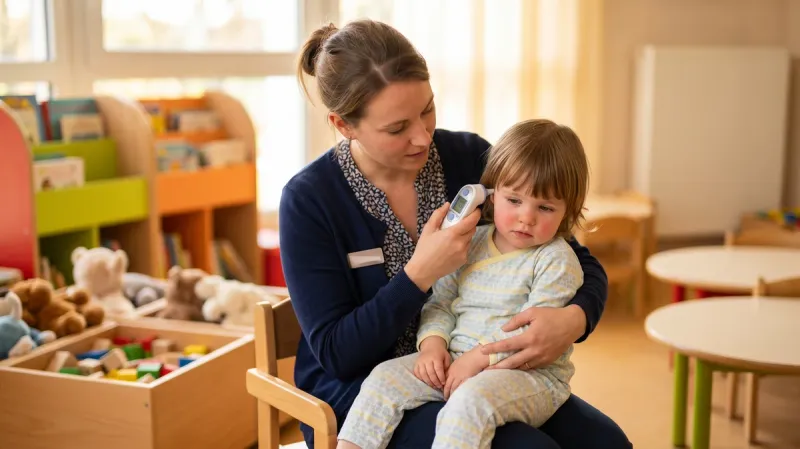 Professionnelle de la petite enfance prenant la température d'un nourrisson en crèche avec un thermomètre électronique
