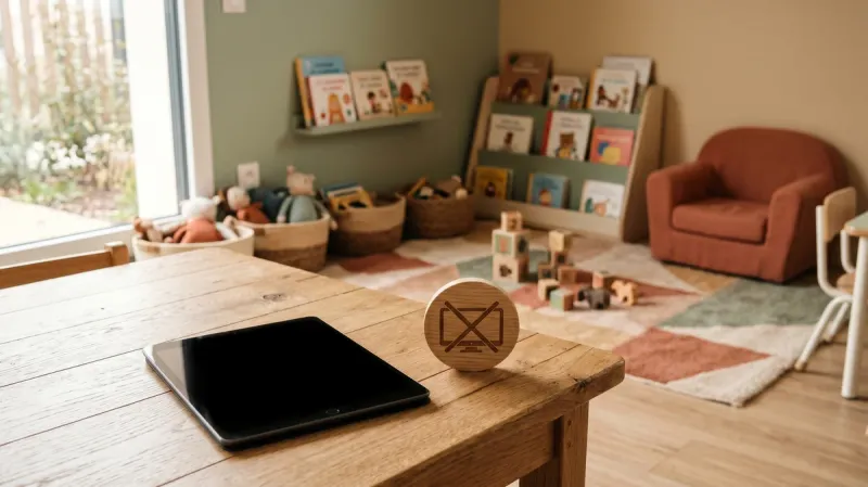 Tablette tactile éteinte posée sur une table de crèche à côté d'un pictogramme écran barré, illustrant l'interdiction d'exposer les enfants de moins de 3 ans aux écrans en lieu d'accueil depuis l'arrêté du 27 juin 2025.