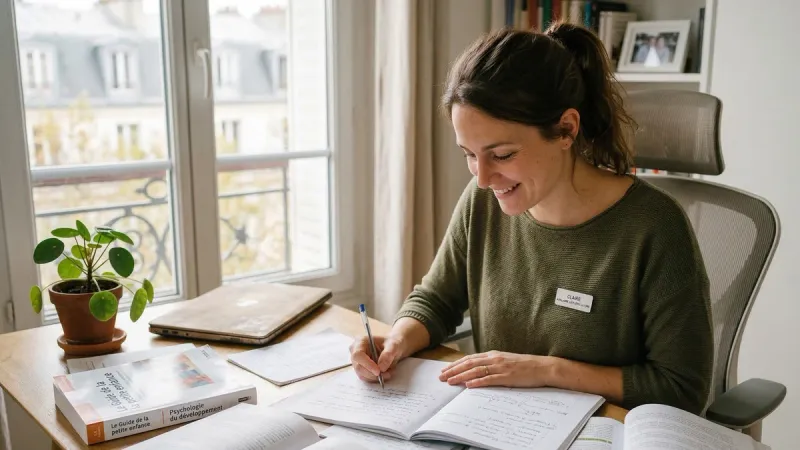 Candidate au CAP AEPE révisant le programme officiel EP1, EP2 et EP3 avec ses fiches de cours.